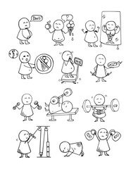 Funny people icons. Health, food, diet, fitness, sport training - doodles set. Vector background on graph paper.