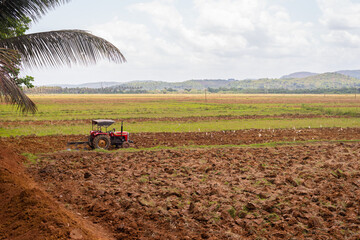 Fototapeta premium Tractor and tiller, plower used in agriculture Machinery used in the field for paddy cultivation