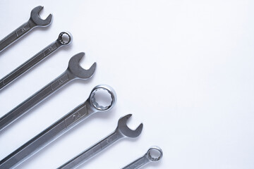 Set of wrenches on white background, great design for any purposes. Business wallpaper. White background. Technology concept. Repair service. Copy space.