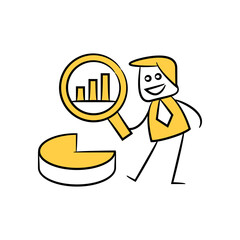 businessman using magnifier glass scanning data for data analytics concept yellow stick figure theme