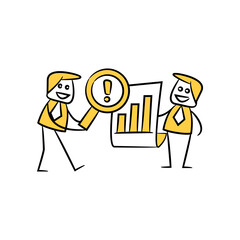 businessman using magnifier glass scanning data error yellow stick figure theme