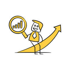 businessman sitting on graph and using magnifier glass scanning data yellow stick figure theme
