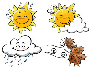 graphic resources of meteorology with humanized meteorological elements: smiling sun, partly cloudy, rain cloud, and strong wind
