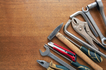 Plakat Set of car repair hand tools on wooden background. Repair service concept. Diy concept.