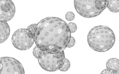 Bitcoin economic financial bubble. crypto currency 3D illustration. Business concept. Silver bubbles on white background. Bit, Coin, mining concept