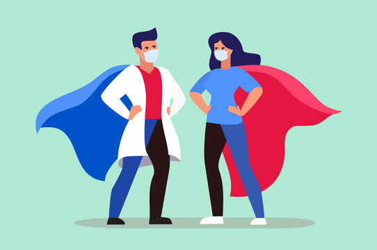 doctors woman and man stand in heroes costume