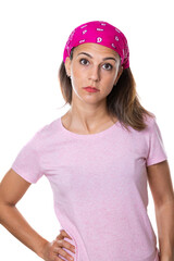 brave and pretty young woman with pink headscarf and smiling pink T-shirt on white background