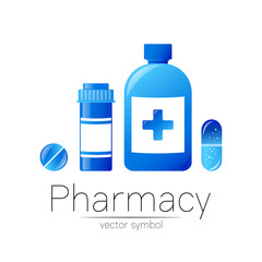 Pharmacy vector symbol with 2 blue pill bottle and tablet for pharmacist, pharma store, doctor and medicine. Modern design vector logo on white background. Pharmaceutical icon logotype . Health