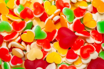 Juicy colorful jelly sweets. Gummy candies. Hearts.