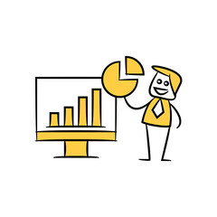businessman and data chart for data analytics concept yellow stick figure theme