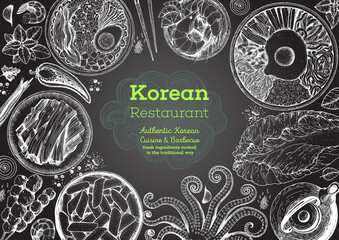 Korean food menu restaurant. Korean food sketch menu. Asian food background. Asian food poster. Set of dishes: bibimbap, kimchi, tteok-bokki, ramen. Vector illustration.