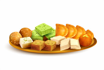 Plate with traditional Indian sweets – laddu, gulab jamun, gujiya, halwa, barfi. Isolated on white. Vector illustration. 
