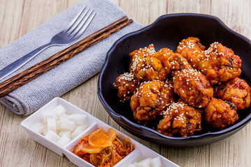 Fried chicken with kimchi korean food