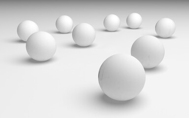White abstract background. Set of white balls isolated on white backdrop. 3D illustration