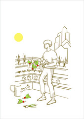 Rooftop urban farming, gardening or agriculture. A man planting radish, onions, greens on the rooftop with a city tower buildings on the background. Vector hand drawn illustration