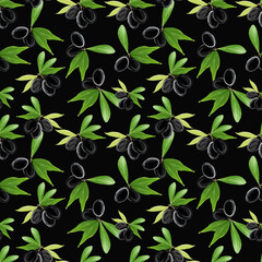 Gouache seamless pattern with olive tree branch, leaves and black olives on black background. Hand painted botanical illustration for textiles, packaging, fabrics, menus, restaurants