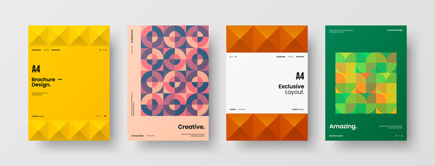 Naklejka premium Company identity brochure template collection. Business presentation vector A4 vertical orientation front page mock up set. Corporate report cover abstract geometric illustration design layout bundle.