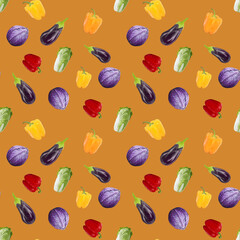 Seamless pattern veganism eggplant, peppers, cabbage on caramel color background. Gouache hand drawn illustration. Fresh food. Design for textiles, packaging, fabrics, menus, restaurants, cafes