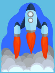 Vector illustration in flat style of rocket launch with clouds of white smoke on blue web background Space travel New concept of project launch Creative idea