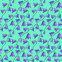seamless pattern with bellflowers campanula flowers on turquoise background. Floral background in gouache. Holidays presents and gifts wrapping paper For textiles,packaging,fabric,wallpaper
