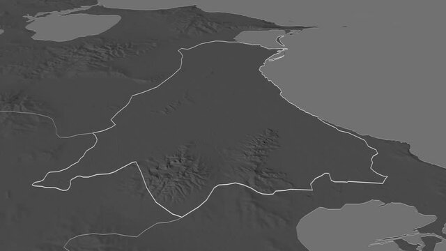 Ariana, governorate with its capital, zoomed and extruded on the bilevel map of Tunisia in the conformal Stereographic projection. Animation 3D