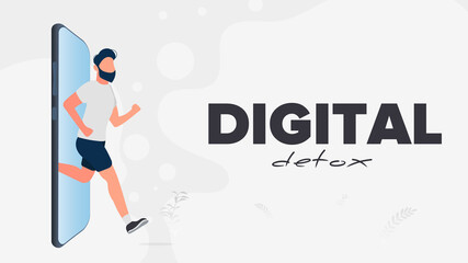 Digital detox banner. The guy runs out of the smartphone. The concept of banning devices, device free zone, digital detox. Vector.