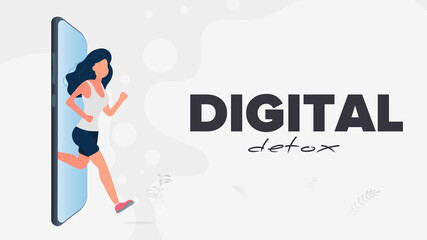 Digital detox banner. The girl runs out of the smartphone. The concept of banning devices, device free zone, digital detox. Vector.