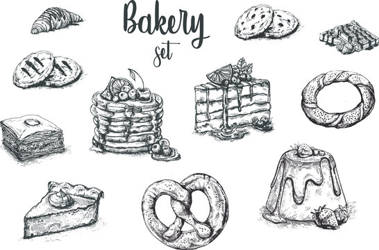 Hand drawn sketch with bread, pastry, sweet. Bakery set vector illustration. Desserts set. Cakes, biscuits, baking, cookies, pastries.
