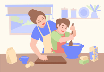 Happy family cooking. Mother and kid boy preparing homemade pastry together.