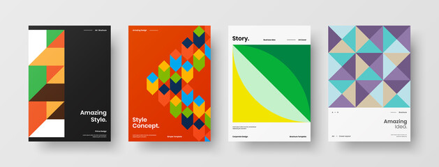 Fototapeta premium Company identity brochure template collection. Business presentation vector A4 vertical orientation front page mock up set. Corporate report cover abstract geometric illustration design layout bundle.