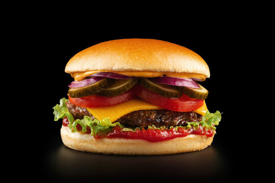 Burger on black background