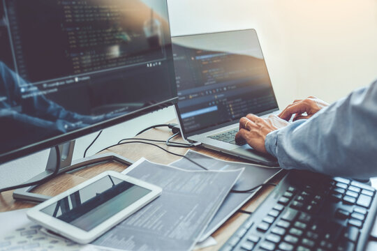 Developing programmer Development Website design and coding technologies working in software company office