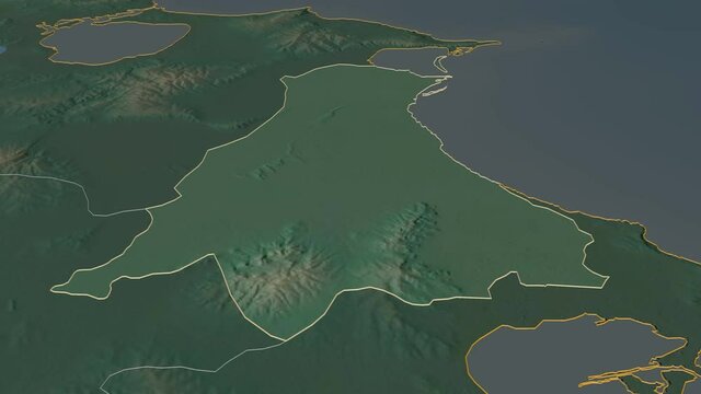 Ariana, governorate with its capital, zoomed and extruded on the relief map of Tunisia in the conformal Stereographic projection. Animation 3D