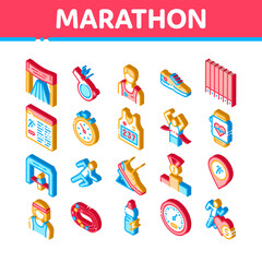 Marathon Elements Icons Set Vector. Isometric Human Athlete Silhouette Running And Uniform, Sport Stadium For Marathon And Shoe Illustrations