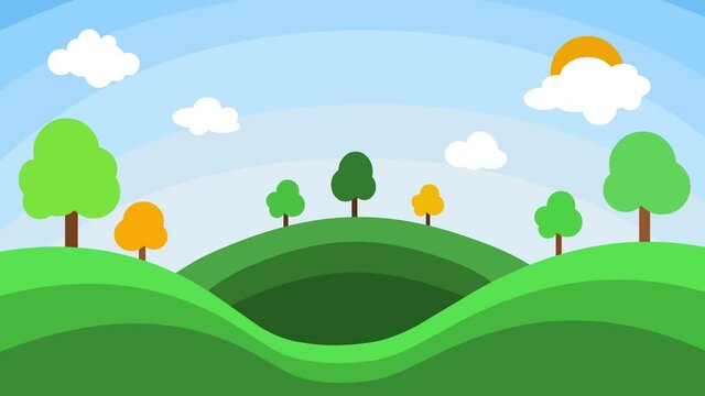 Summer landscape with trees and clouds  flat animation