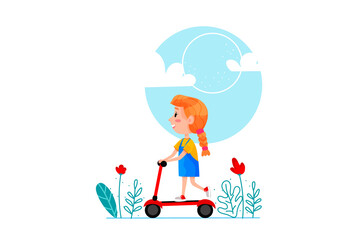 Happy girl riding on scooter vector cartoon illustration. Summer holidays outdoor activities for children. Vector illustration on white isolated background.