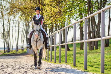 Girl equestrian rider riding a beautiful white horse