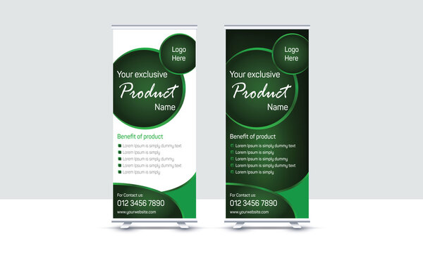 Roll-up banner, stand vector template design for product promotion. Advertising x-banner vector illustration.