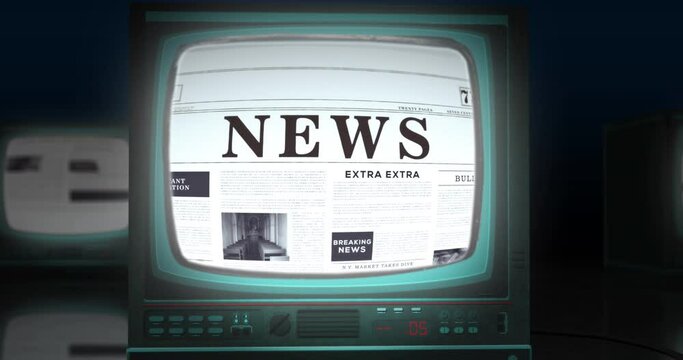 Three-dimensional monitor screen shows a newspaper with news headline. Digital animation.
