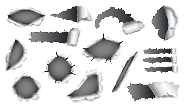 Collection of papers hole with gray paper on background. Realistic vector torn papers with ripped edges. Damage papers with folded sides