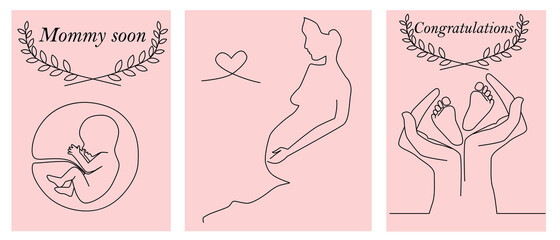 Greeting card pregnant woman. Mommy soon. Congratulation. Its a girl. Vector, poster. Pregnancy