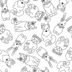 Seamless pattern with hand-drawn funny animalst, coloring page