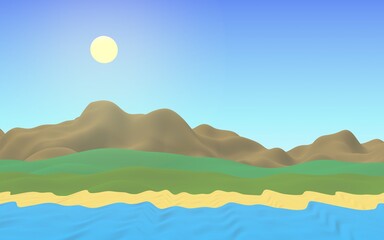 Sun Sea Beach. Noon. Ocean shore line with waves on a beach. Island beach paradise with waves. Vacation, summer, relaxation. Seascape, seashore. Minimalist landscape, primitivism. 3D illustration