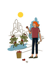 Rooftop urban farming, gardening or agriculture. A woman planting tomato plants on the rooftop with a city tower buildings on the background. Vector hand drawn color  illustration