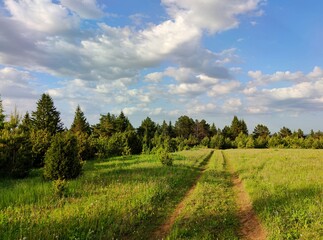 blue sky with clouds over a country road in a field near green trees on a sunny day