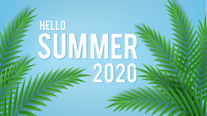 White inscription summer and realistic palm tree isolated on blue background, top view. Vector illustration template for products, advertizing