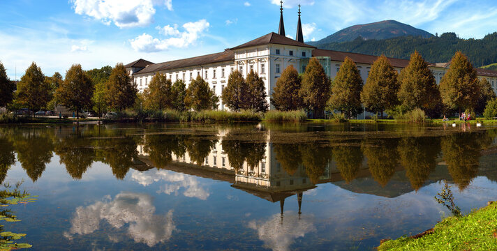Scenic pond in Admont abbey. Austria