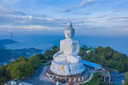 aerial view blue sky and blue ocean are on the back of Phuket Big Buddha statue..white Phuket big Buddha is the one of landmarks on Phuket island..