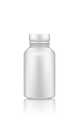 Supplement or medicine pills plastic bottle mockup isolated on white background. Package design. Blank medicine, sport or dietary nutrition, healthcare template. 3d realistic vector illustration