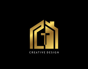 Golden T Letter Logo. Minimalist gold house shape with negative T letter, Real Estate Building Icon Design.